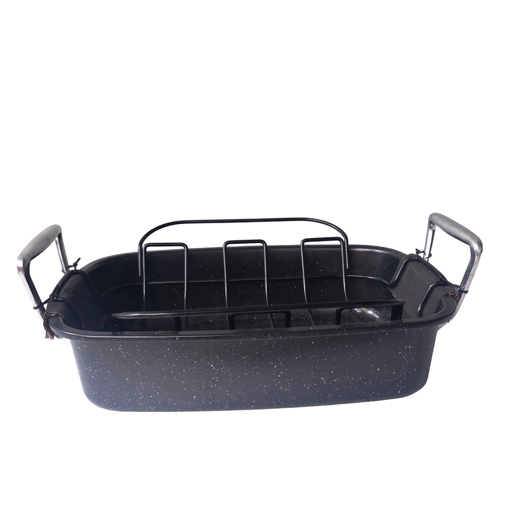 Black Speckled Enamel Roasting Pan with Removable Wire Rack & Silver Handles 16"
